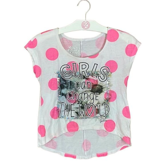 •JUSTICE• WHITE/HOT PINK HIGH/LOW T-SHIRT “GIRLS CAN CHANGE THE W❤️RLD” size 10 - Picture 1 of 5